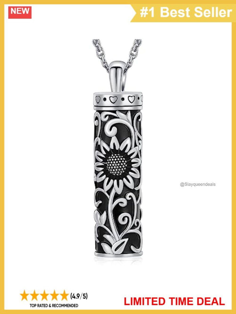 Sunflower Cylinder Urn Necklace Stainless Steel Ashes Keepsake Pendant